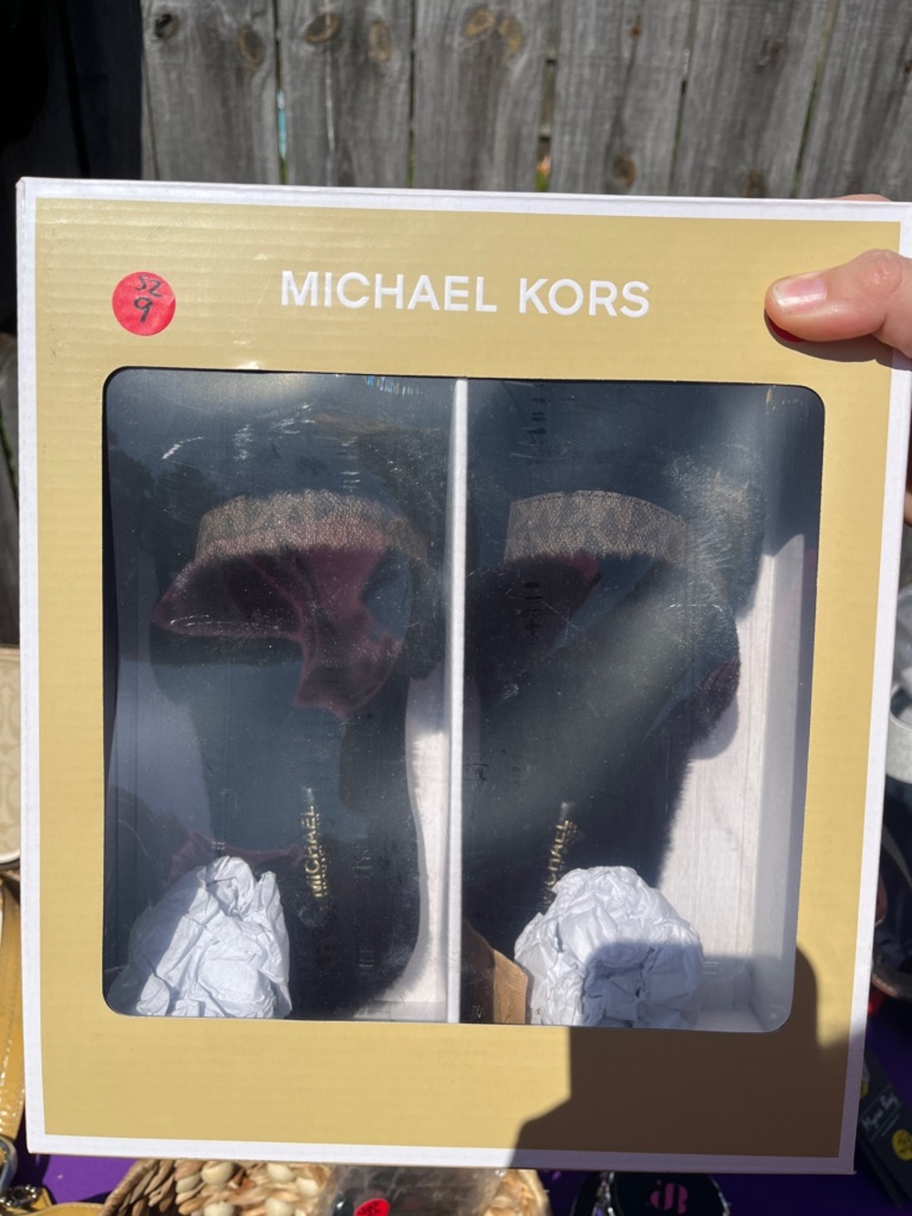 Michael Kors Black Slide Sandals with Brown Monogram Strap